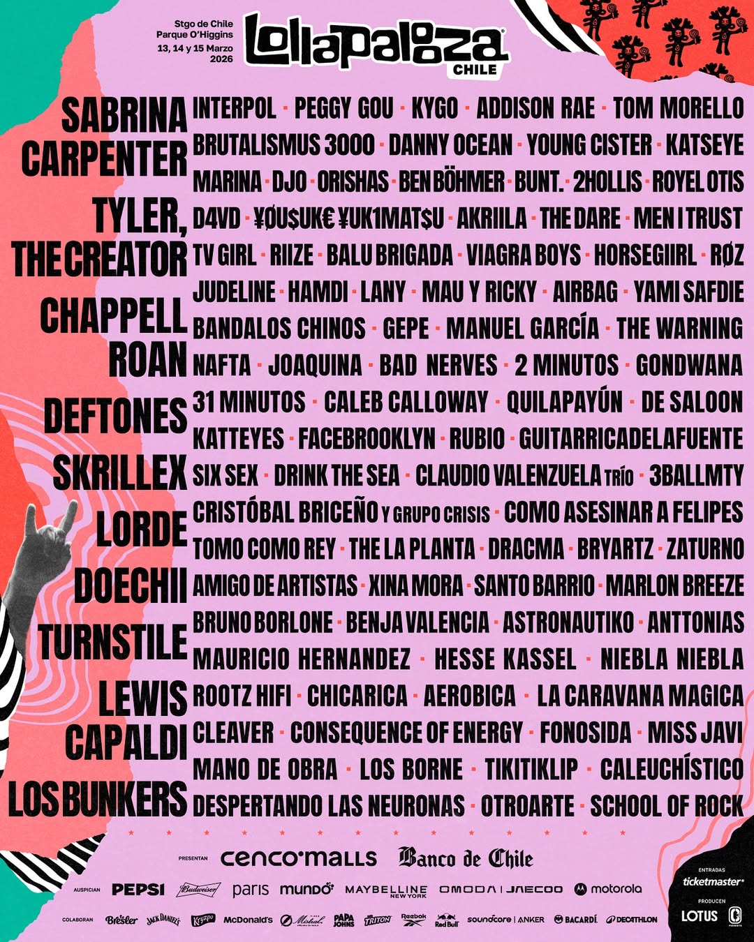 Lollapalooza Chile 2026 revela su line-up: Sabrina Carpenter, Tyler, the Creator, Lorde, Chappell Roan y más llegan al Parque O’Higgins